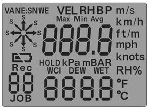 A. Air/wind speed mode indicator B. RH mode indicator Q R A C. Barometric P pressure mode O indicator N D. Air/wind M speed session L value indicators E. Air/wind speed units F.
