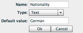 Type the name of the attribute, select type Text and then the default value.