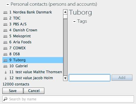contacts list, displaying the selected contact name and all its tags: To add a new tag, type it in the highlighted text field, then click Add button.