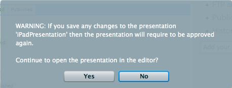 If you click Yes in the warning and open the presentation, than make some changes and save it; the presentation will still stay as published (meaning a copy of the published presentation will still