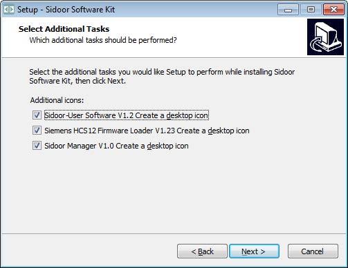Here, you select whether or not to create a desktop link to the "Sidoor User Software".