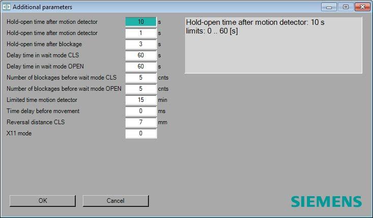 Sidoor User Software 5.5 Driving parameters Additional parameters Some door controllers (e.g. for railway interior doors) support additional, controller-specific parameters.