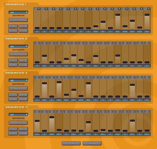 The Sequencer Interface To access the 'Sequencer' view, click the 'Sequencer' button. The sequencer view allows you to easily view and edit every parameter of all 4 sequences.