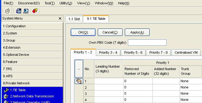 4.2.3 Programming the Network Settings 4. a. From the system menu, click Private Network. b. Click TIE Table. c. In the Leading Number box, type the starting digit of destination extension.