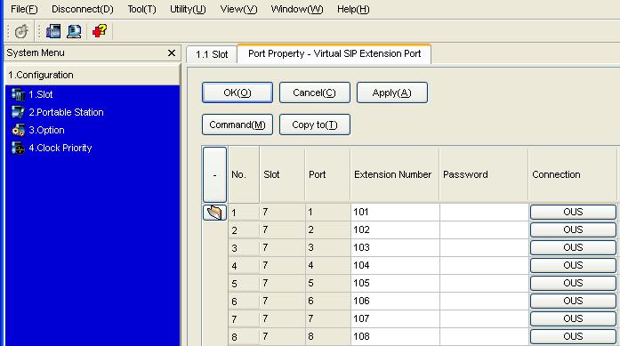 4.3.2 Registering IP Telephones 3. Set passwords for the SIP Extensions. a. Click the cell in the Connection column for each SIP Extension you wish to register. The Command Connection screen appears.