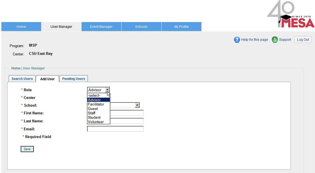 User Actions Add a User Center administrators, facilitators and staff members can access this feature from the Dashboard.