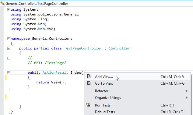 15. In the Generic project, add a controller called TestPageController and create a view for it. Leave the name as Index. Once created, add a bit of text to identify it (e.g. hello test world). 16.