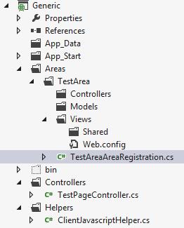 Rebuild and run the solution to make sure all is well. 4. In the Generic project, right click on the project file and Add a new MVC Area (Add > Area ). Call it TestArea.