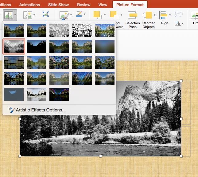 8 Artistic Filter: You can also apply various art effects to an image. Select Artistic Filters from the Picture Format contextual tab.