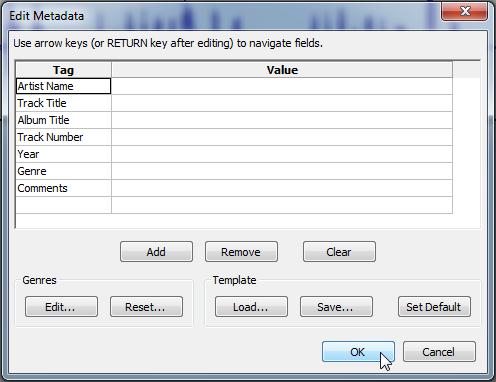 7. Since no metadata information is required, click OK to complete the save process: Using an Existing Recording If you already have an audio file of an existing recording, you can