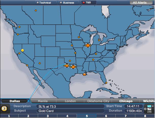 Alerts pane The Alerts pane displays an international map with the location of all of the call centers as small dots.