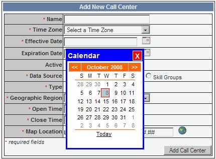 To specify when a call center displays and ceases to display, click the Calendar icons (Figure 17) and select the effective and expiration dates. The expiration date is optional.
