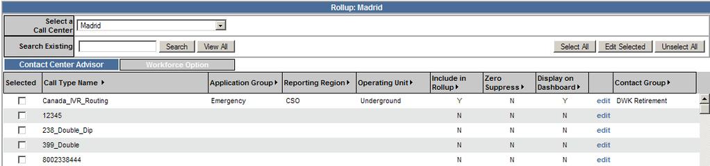 Editing Application Rollups For each application in a call center, select the application group, reporting region, and operating unit in which you want the application to belong. 1.
