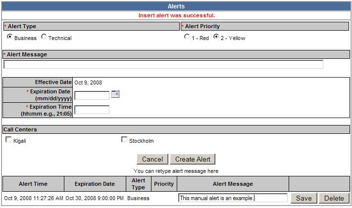 Alerts The Alerts page (Figure 45) allows you to add an alert message manually.