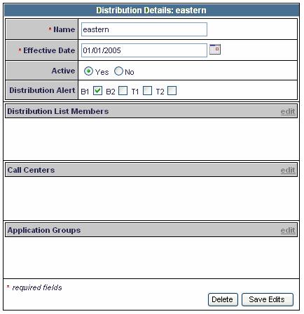 Figure 54: Distribution Lists page: edit/delete Deleting a Distribution List Delete a distribution list to stop subsequent alert notifications.