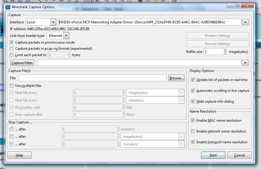 Capture Options Interface FilterDisplay options Capture on