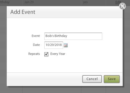 To add public holidays: 1. Click the Events button in the menu bar at the top of the page. 2.