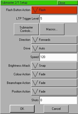 Submasters Chase Modifiers Example Submaster Setup Window for a chase: Select the [Direction] option, then select the required direction (Forward, Backward, Bounce or Random).