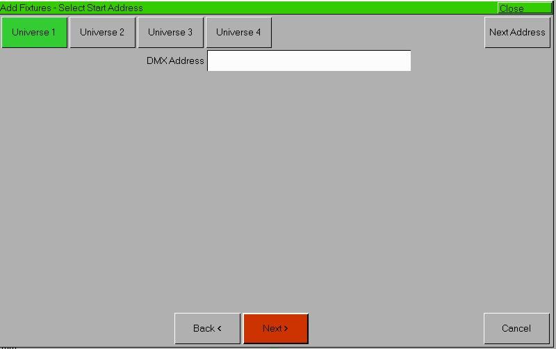 Setup Setting the DMX Start Address Once you have selected the required fixture type (eg MARTIN MAC 500 Mode 4), you then have the option of selecting the DMX start address for the fixture(s): The