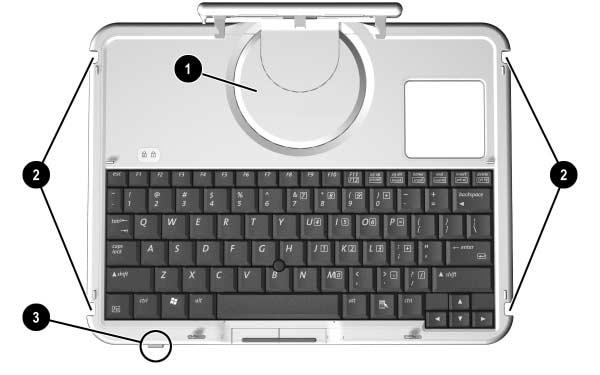 Identifying Exterior Hardware Front: Positioning and Security Features Component Description 1 Rotation disk Rotates the tablet PC while it is attached to the keyboard.