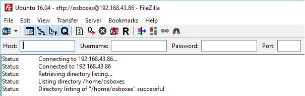 Once connected, FileZilla's status window indicates that the connection was successful. In our Ubuntu user session, we can confirm the SFTP connection also using netstat.