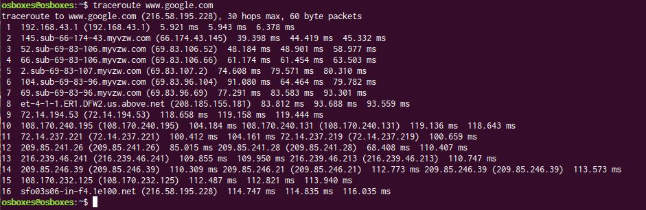 Next, we will install a commonly used network utility that is not included by default in the Ubuntu distribution. We install the traceroute networking utility with the following command.