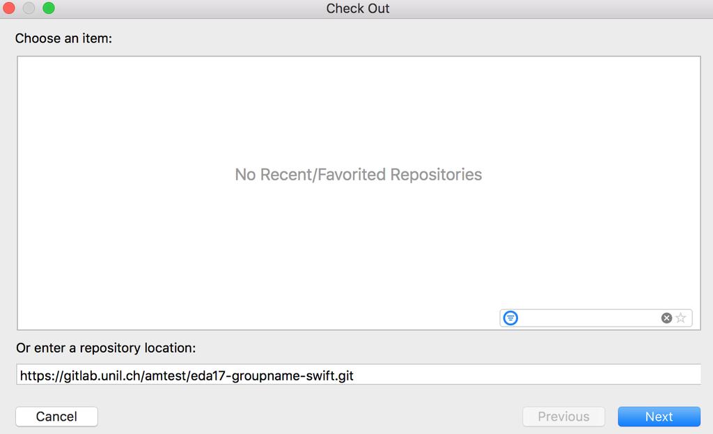 Figure 14: Checkout with Xcode, where groupname is the name of your group that you previously chose during the group formation step. Xcode. In these cases, you can always use another Git client like SourceTree [5] (Clone repository Delete files/projects Commit it Push it).