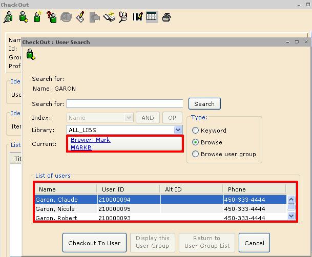 The User Search and Item Search helpers are highlighted at the top of the window. Within the Search window there are options to specialize a search by index, Boolean operators, library, or type. 3.