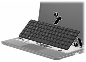 7. Slide the keyboard (2) toward the display until the tabs on the front edge of keyboard disengage