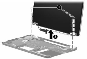 0 screws (1) that secure the display assembly to the computer. 7. Remove the display assembly (2). NOTE: Steps 8 through 12 apply to computer models equipped with traditional display assemblies.