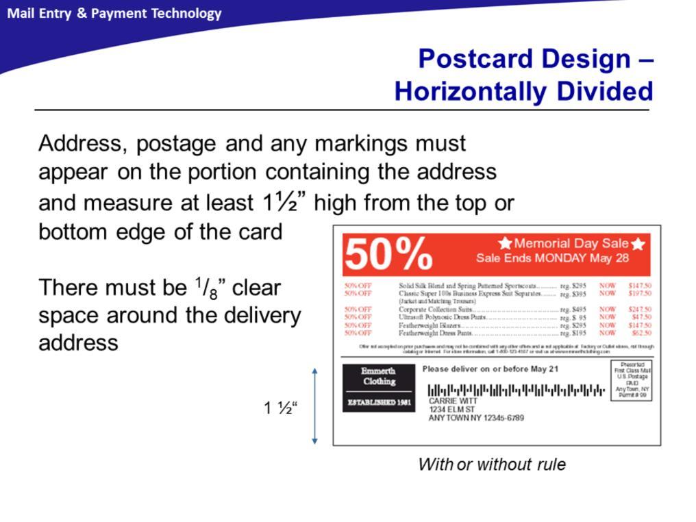 The address side of a Horizontally divided card must be divided into an upper portion and a lower portion, with or without a horizontal rule.