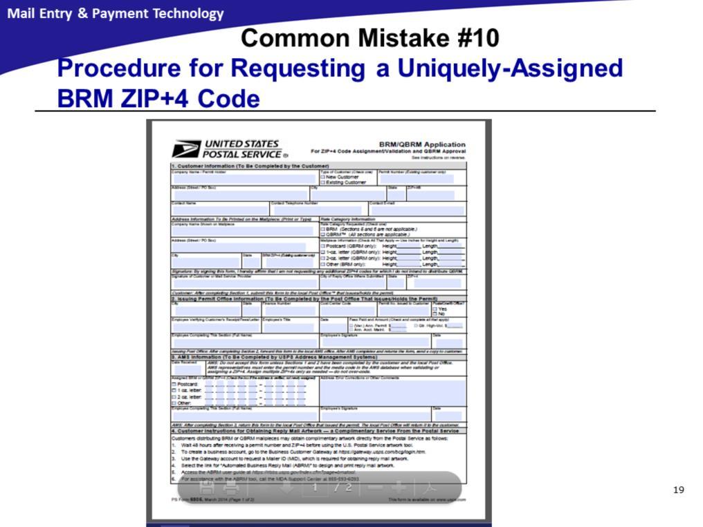 All BRM must contain a uniquely-assigned ZIP+4 Code to separate the BRM from the customers regular mail. This is so the USPS can obtain payment for these mailpieces.