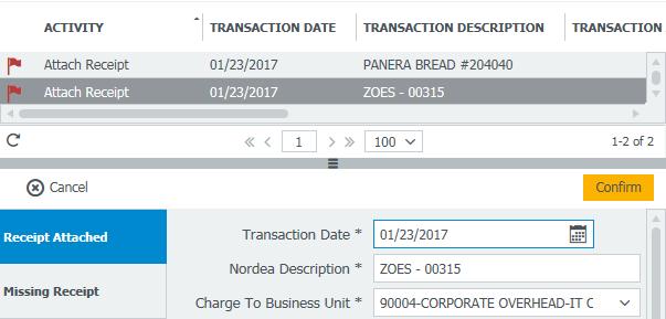 3. Coding & Submitting A Transaction (part 1 of 2) 1. Click on the transaction line item you want to submit; it will turn grey. 2. Click the Receipt Attached button (highlighted in blue).