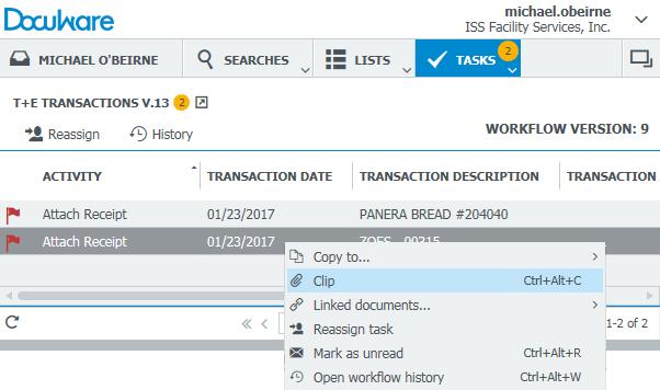 2. Clip Receipt(s) To Transaction (part 1 of 3) 1. Open your TASKS tab (highlighted in blue below).