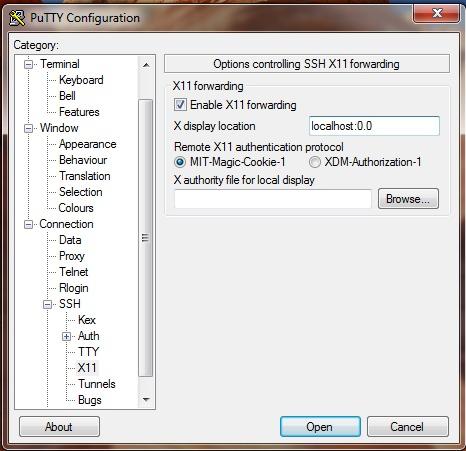 Putty SSH and X11 forwarding In the putty configuration - SSH - X11, Enable X11 forwarding Type in localhost:0.
