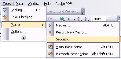 From the macro menu, click on Security to display the Security window. In the Security window, the user has the option to set the level of security to Very High, High, Medium, or Low.
