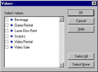 Video Sales or Video Rentals). 4. Choose Select Multiple Values from the Value(s) drop down list to display the Values dialog.