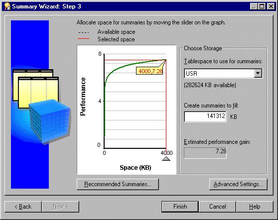 Lesson 10: Creating summary folders to optimize performance Figure 11 3 Summary Wizard: Step 3 dialog The above dialog displays a graph that indicates: the query performance gain that will be