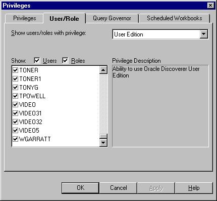 Lesson 3: Granting access privileges The Privileges dialog: User/Role tab displays a list of all database users and roles.