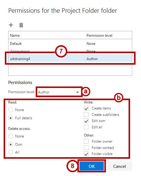 7. The Folder Permissions window appears to display the new user added with a default permission level of None. a. Click the Permission Level drop-down arrow to select one of the pre-defined permission levels (See Figure 12).