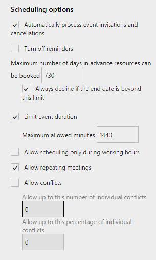 Resource Scheduling Settings The room resource settings are broken into three section: Scheduling options, Scheduling permissions and Response message.