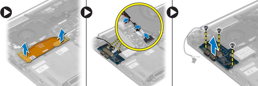 a. base cover b. battery c. WLAN card d. coin-cell battery 3. Perform the following steps to remove the I/O board: a. Disconnect the I/O board cable from the system board and the I/O board. b. Disconnect the camera, fan, and coin-cell battery cables from the I/O board.