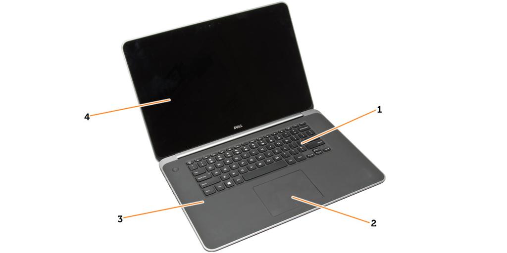 Figure 2. Front View 1. keyboard 2. touchpad 3. palmrest 4. display Removing the Base Cover 1. Follow the procedures in Before Working Inside Your Computer. 2. Close the display and turn the computer over.