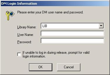 5 Enter your DM library name, user name, and password. This information will be used to log on to DM. Note The Hummingbird DM release script does not accept empty or NULL passwords.