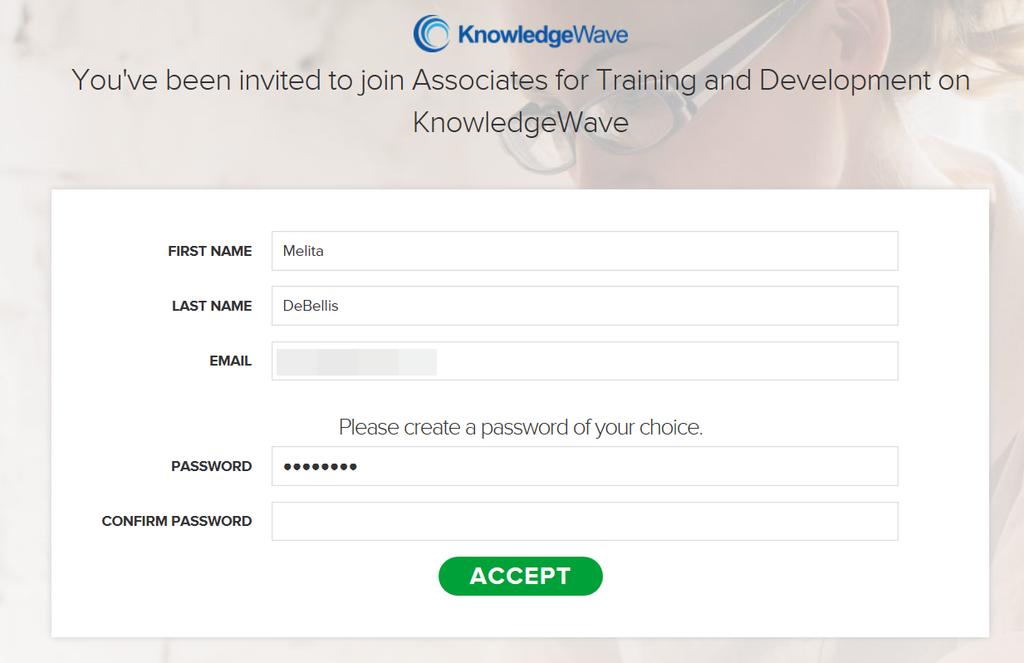 LOGGING IN, continued A window opens up and asks you to create and confirm your password. Then click on Accept.
