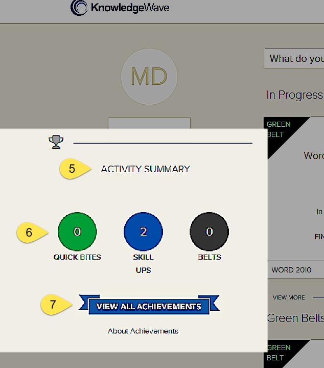 NAVIGATING YOUR DASHBOARD cont d. In the Activity Summary area you will see all of your achievements. An achievement is the completion of a Quick Bite, Skill Up, or Belt.