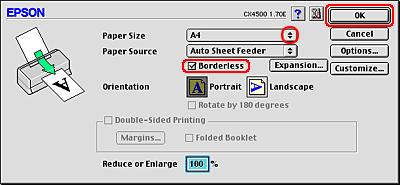 Access the Page Setup dialog box. Accessing the Printer Software for Mac OS 9 Make the appropriate Paper Size setting. Select the Borderless check box.