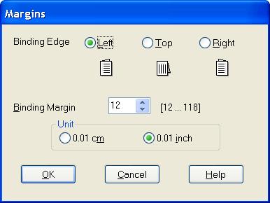 Choose cm or inch as the Unit setting. Then, specify the width of the binding margin. You can enter any width from 3 mm to 30 mm, or from 0.12 inches to 1.18 inches.