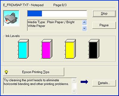 Click the Stop button to cancel printing. [Top] For Windows Me and 98 It is possible to cancel printing using either the Progress Meter or EPSON Spool Manager.