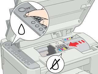 Press the Ink button. The print head moves to the ink cartridge check position and the On light and the Ink light begins to flash. The ink cartridge indicated by the mark is either empty or low.